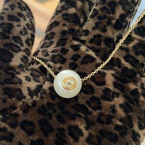 Gold and White Necklace GG Pearl Button With Gold Filled Chain